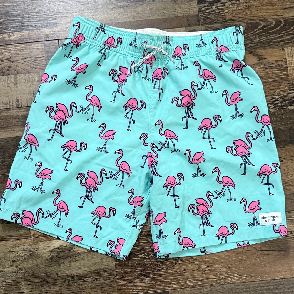 Abercrombie & Fitch Kids Mint Swim Trunks with Pink‎ Flamingo Print